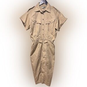 1970s Canvas Jumpsuit Dress Collared With Pockets Wide Leg Stretch Womens Large